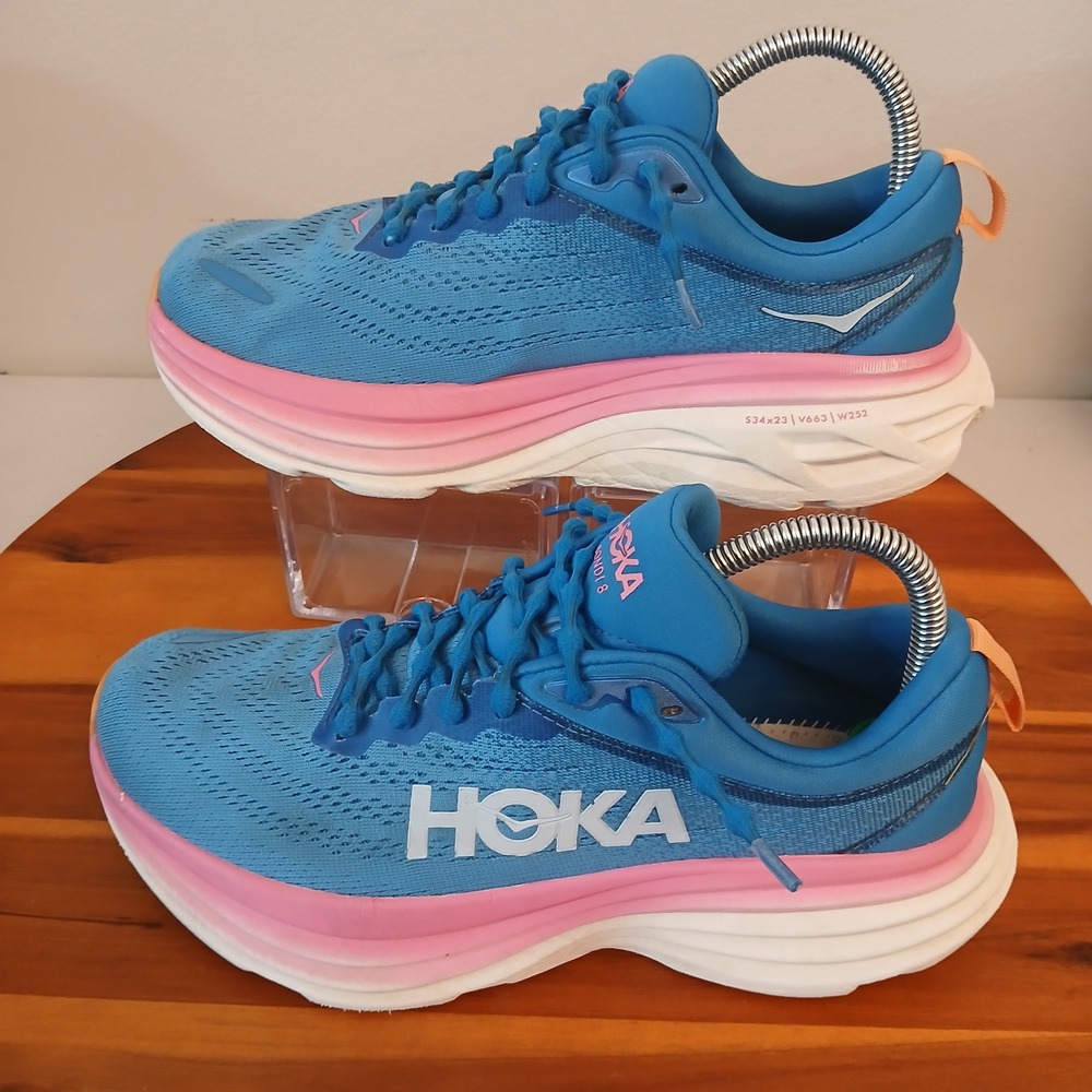 Hoka One One Bondi 8 Women 7.5 Blue Pink Running Shoes Sneakers 1127952 CSAA